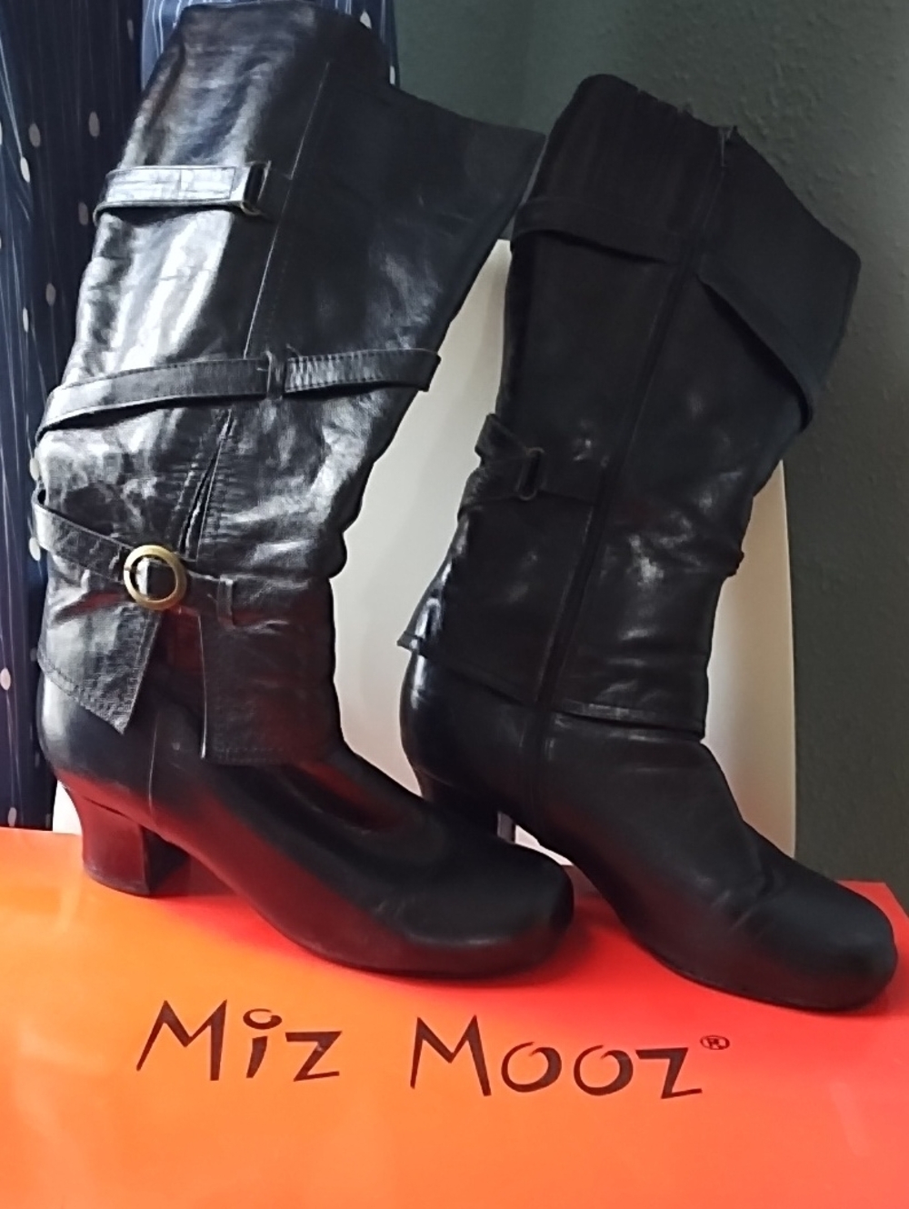 Miz Mooz Black Leather Mid-Calf Buckle Heeled Boots
